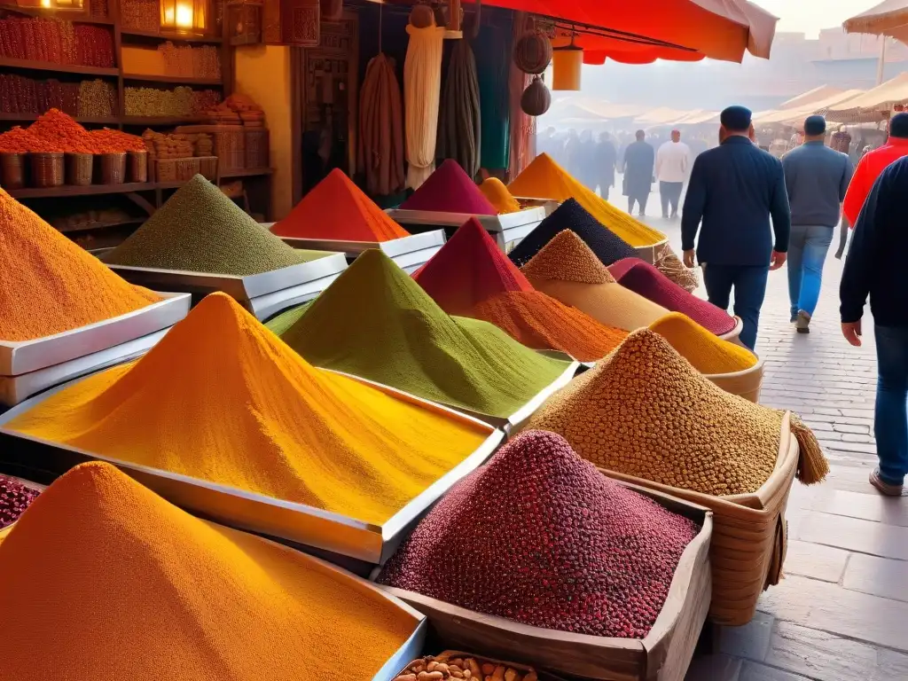 Un mercado de especias en Marrakech, Marruecos, lleno de colores y sabores exóticos bajo el cálido sol poniente