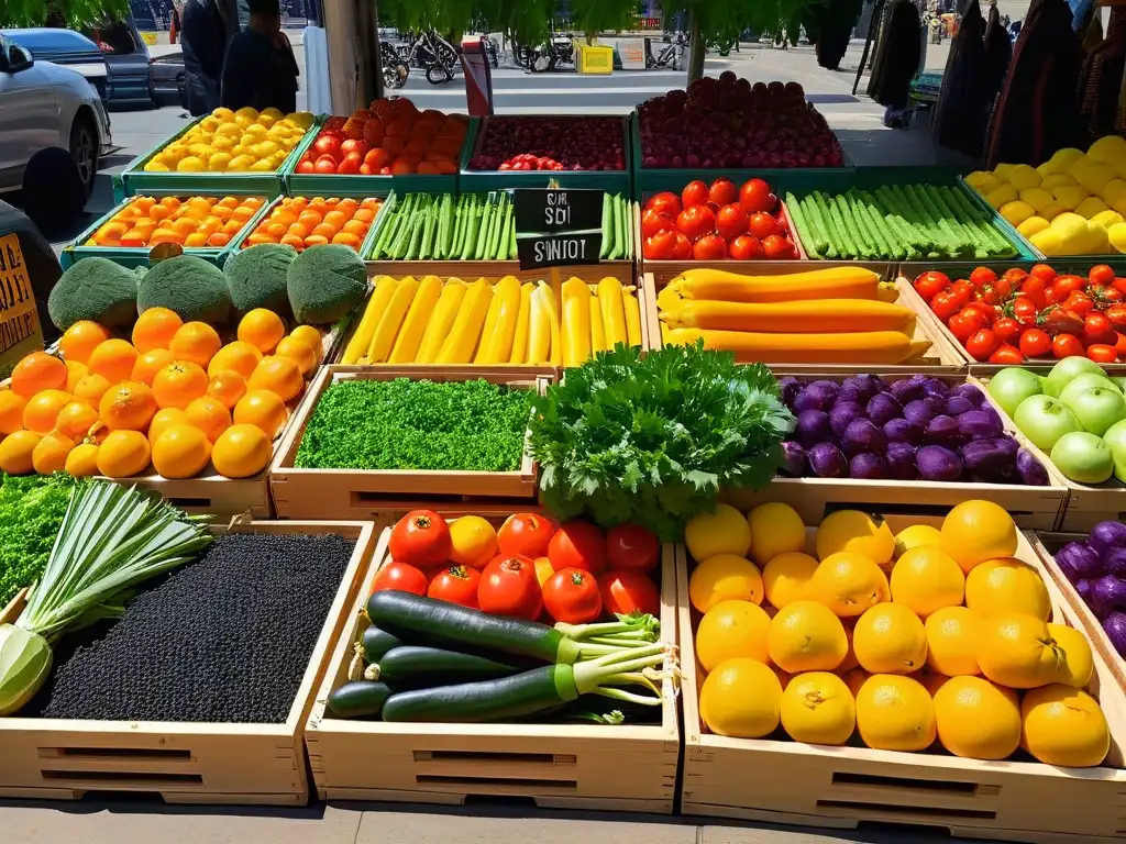 Un mercado orgánico rebosante de ingredientes repostería vegana orgánicos frescos y coloridos en cajas de madera