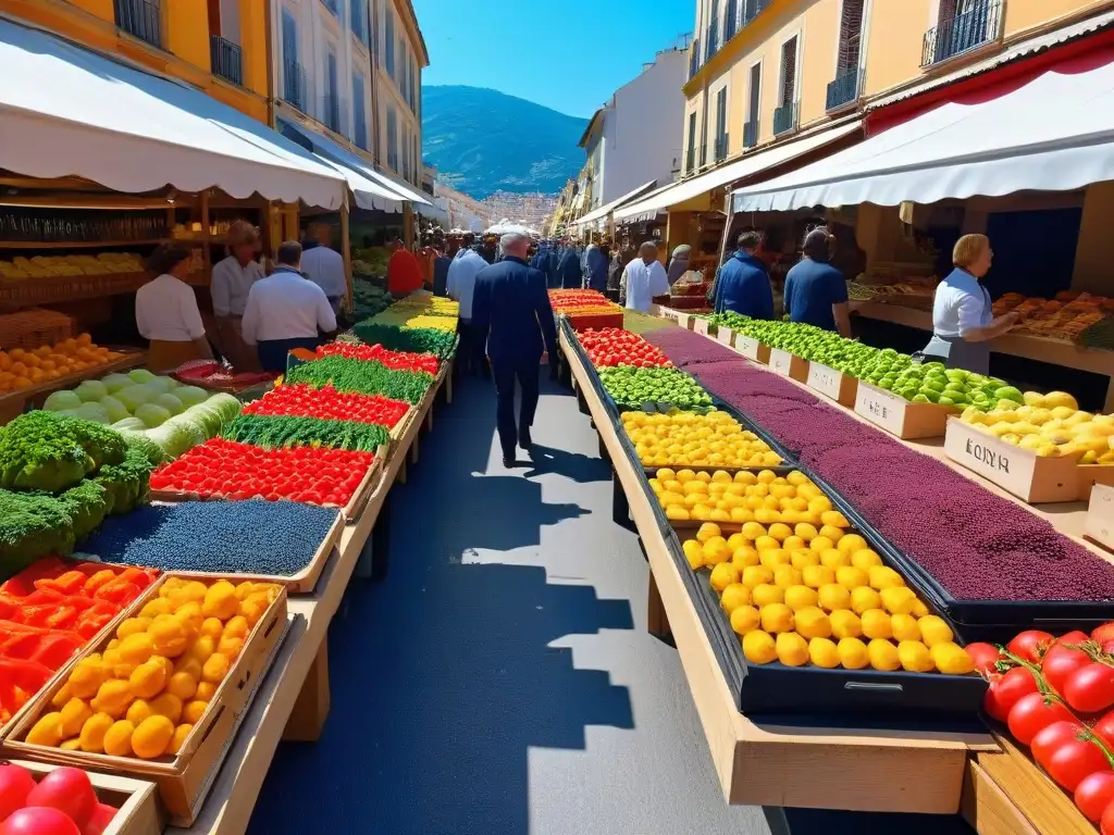 Un mercado orgánico en España rebosante de ingredientes para repostería vegana orgánicos, bajo un cielo azul vibrante