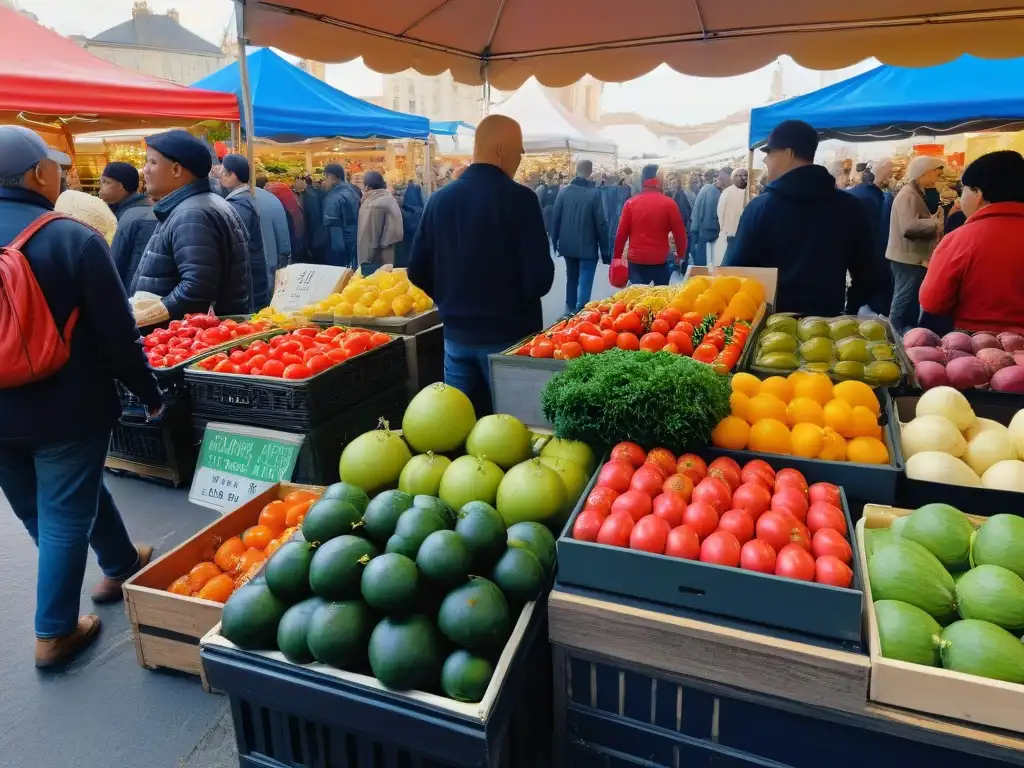 Un mercado agrícola vibrante y bullicioso, lleno de puestos coloridos con productos frescos y caseros