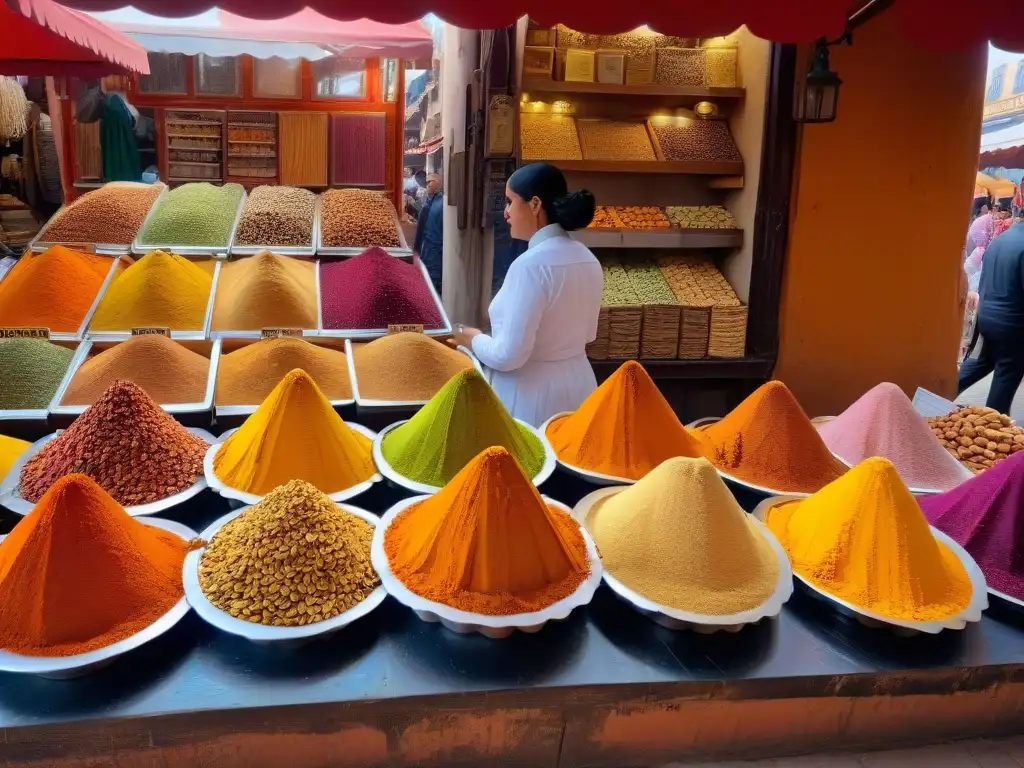 Mercado vibrante en Marrakech con ingredientes exóticos para postres