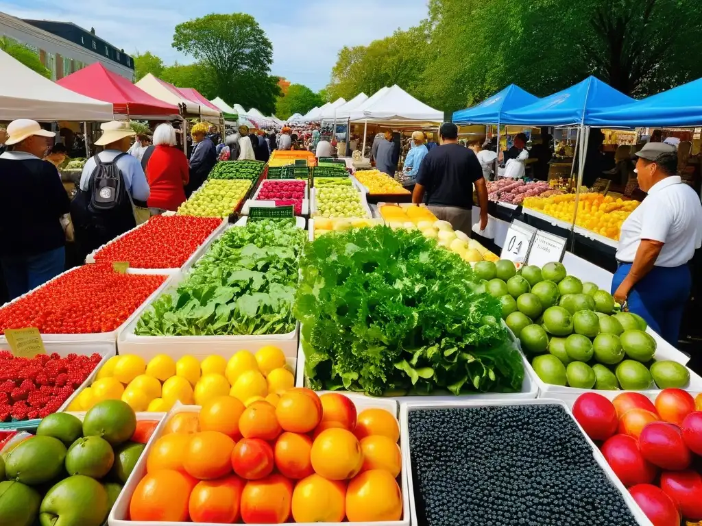 Mercado agrícola vibrante: frutas y verduras frescas en comunidad Un mercado vibrante rebosante de frutas y verduras frescas, con personas de todas las edades y fondos