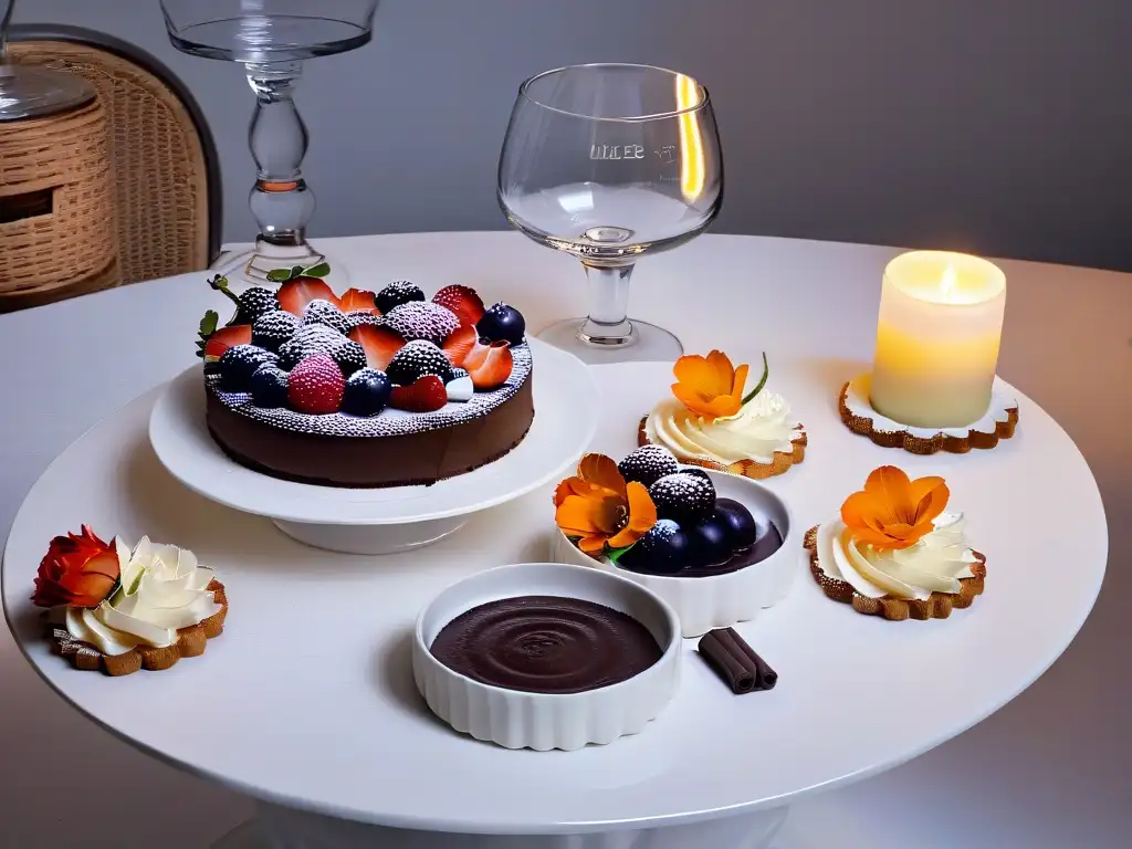 Una mesa elegante con copas de vino y postres finos, ideal para un maridaje vinos postres aplicaciones