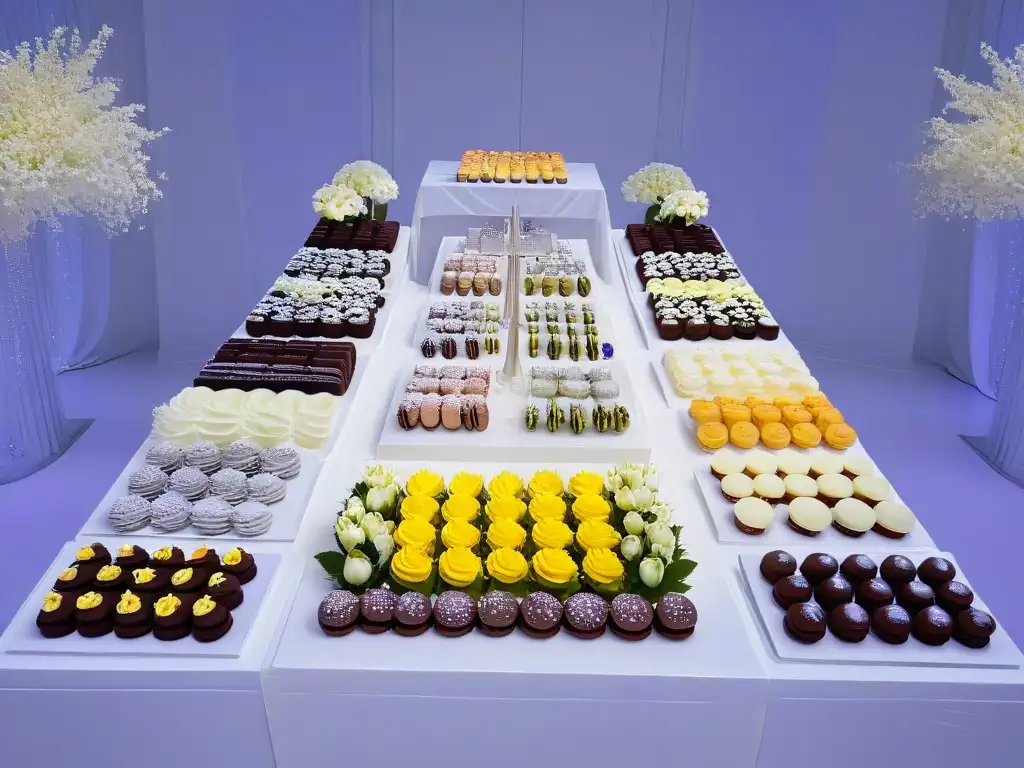 Una mesa elegante con exquisitos postres y decoración floral, ideal para networking en eventos corporativos