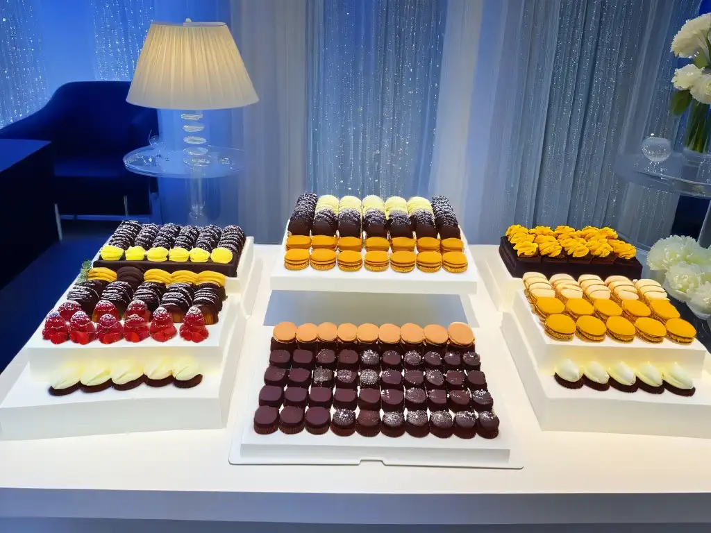 Una mesa elegante de postres en evento corporativo, con decoración minimalista y ambiente de networking