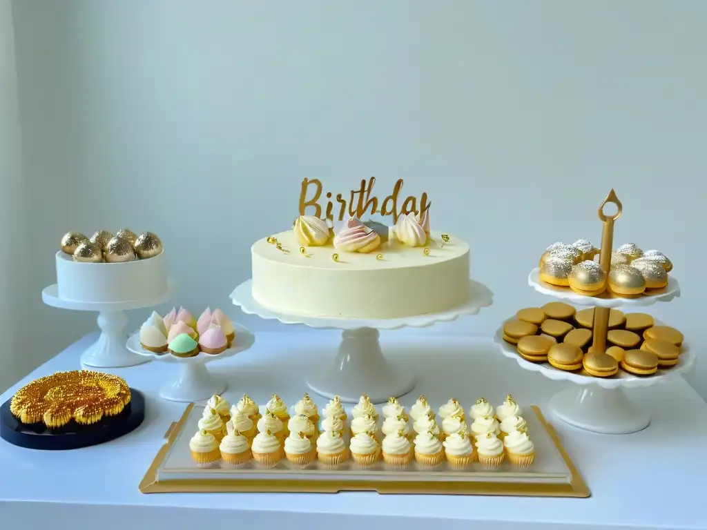 Exquisita mesa de postres elegantes para cumpleaños Una mesa elegante de postres mini para fiestas de cumpleaños, con delicias presentadas con detalle y toques dorados