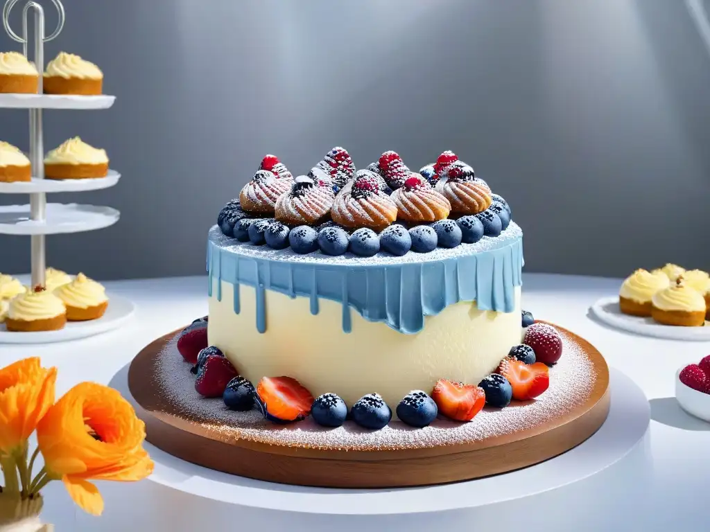 Exquisita mesa de postres cetogénicos: elegancia y sofisticación Una mesa elegante de postres keto para ocasiones especiales con delicias meticulosamente decoradas con frutas frescas y flores comestibles