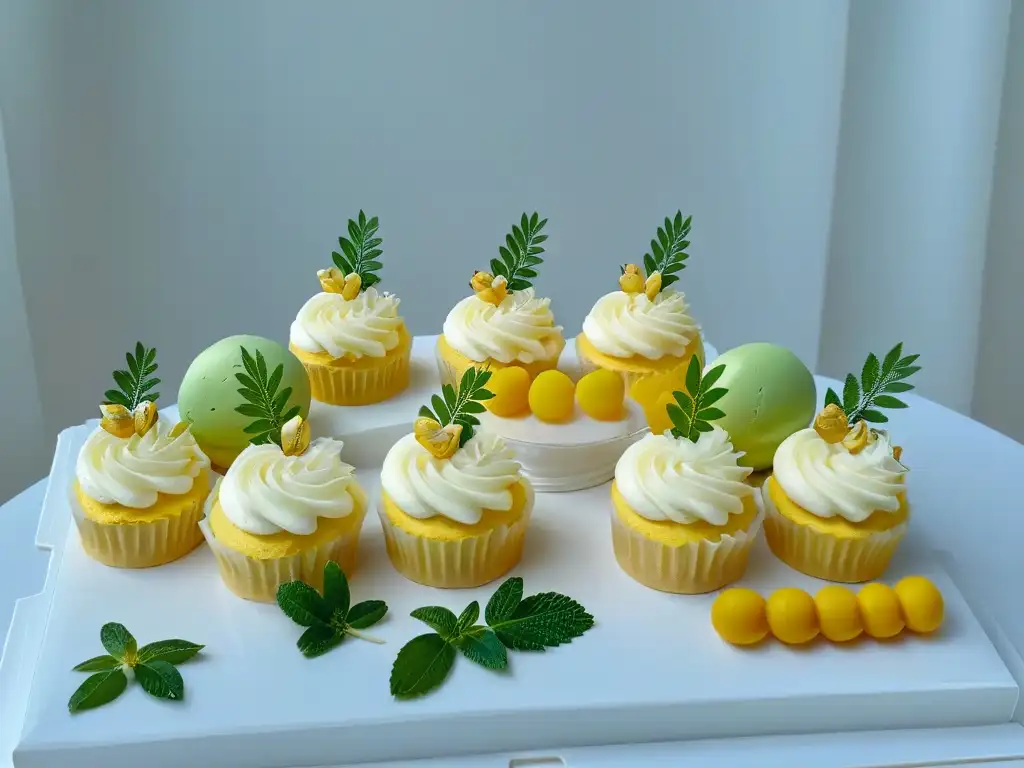 Dulces primaverales: mesa elegante y minimalista Una mesa elegante de postres primaverales con macarons pastel, cupcakes florales y tartaletas de frutas