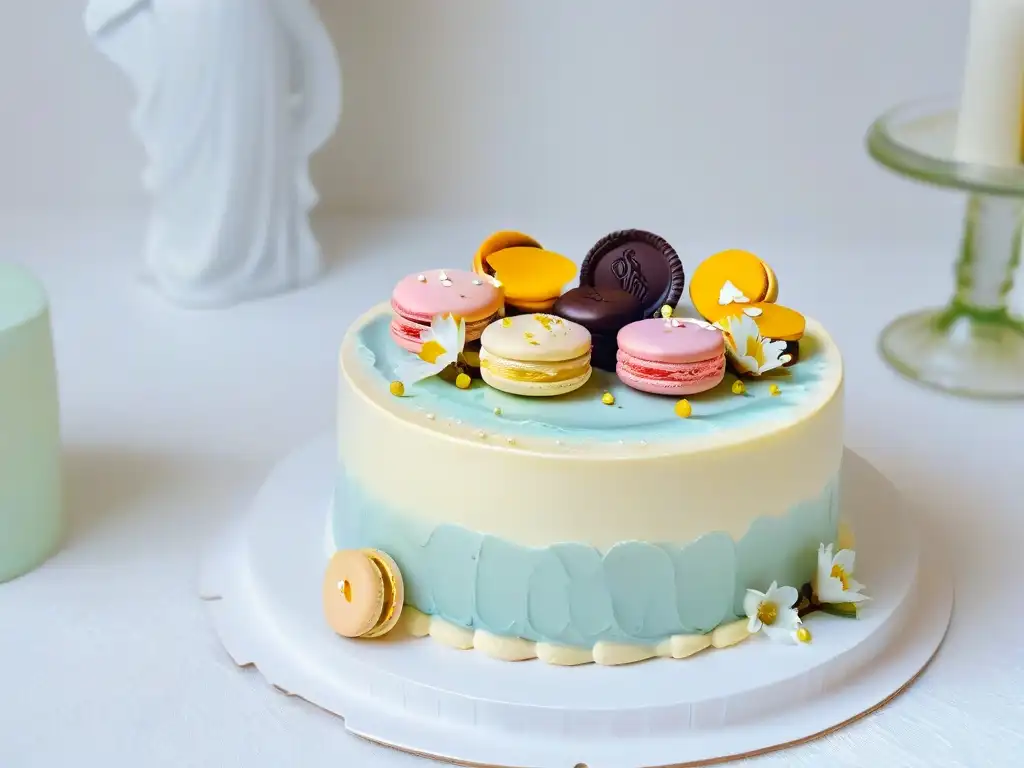 Una mesa elegante y serena con exquisitos postres y flores, bañada en luz natural
