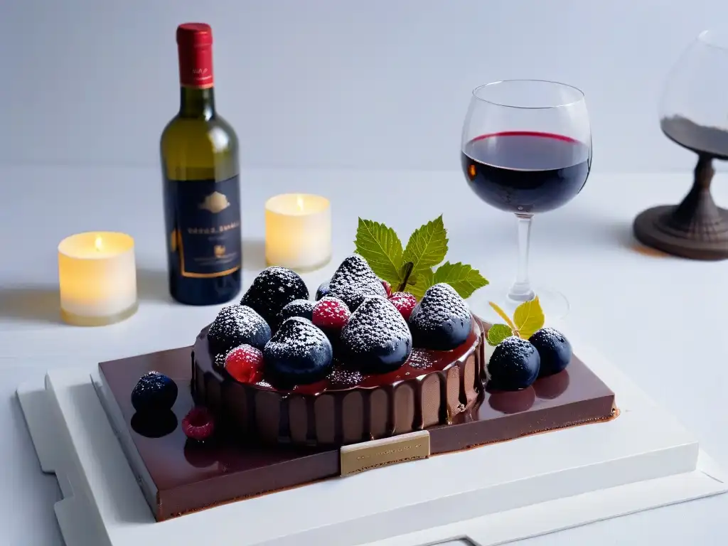 Una mesa elegante con vino tinto, copas, postre y maridaje vinos postres aplicaciones