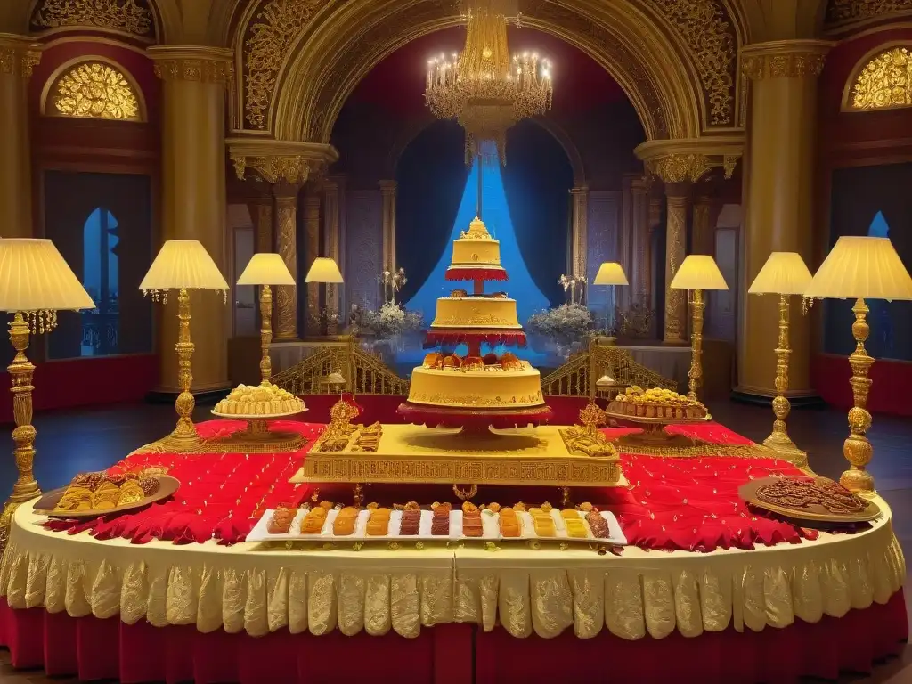 Mesa de festín antiguo decorada con exquisitos postres en vibrantes colores en un lujoso salón histórico