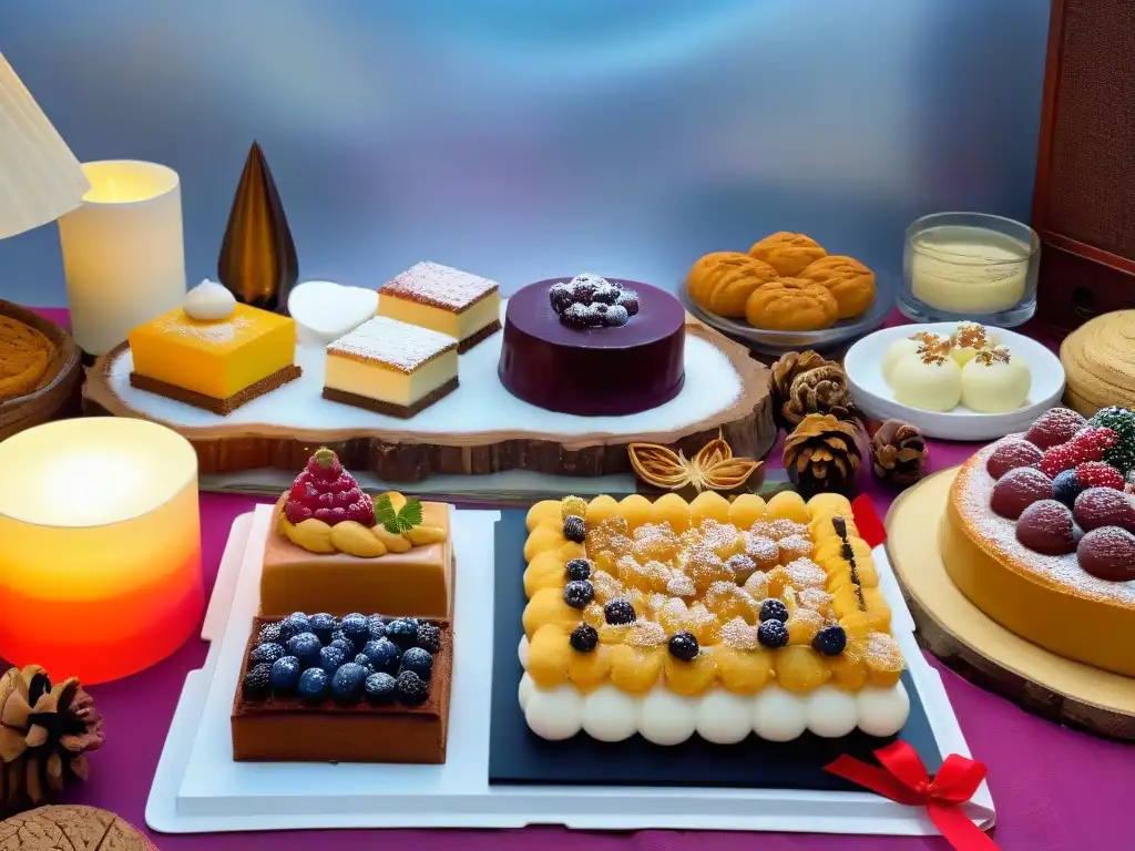 Una mesa festiva con postres del mundo: una variedad de dulces tradicionales de distintos países, colores vibrantes y formas únicas