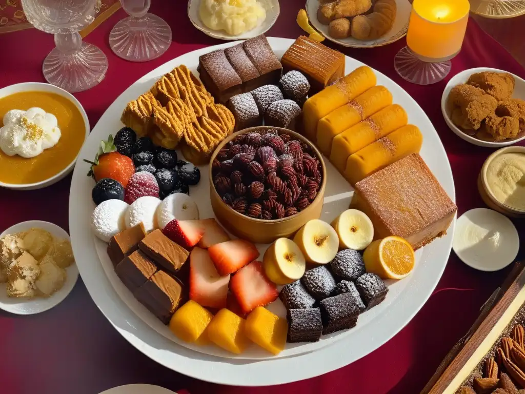 Una mesa llena de postres de diferentes culturas, uniendo a personas en conversación y sonrisas