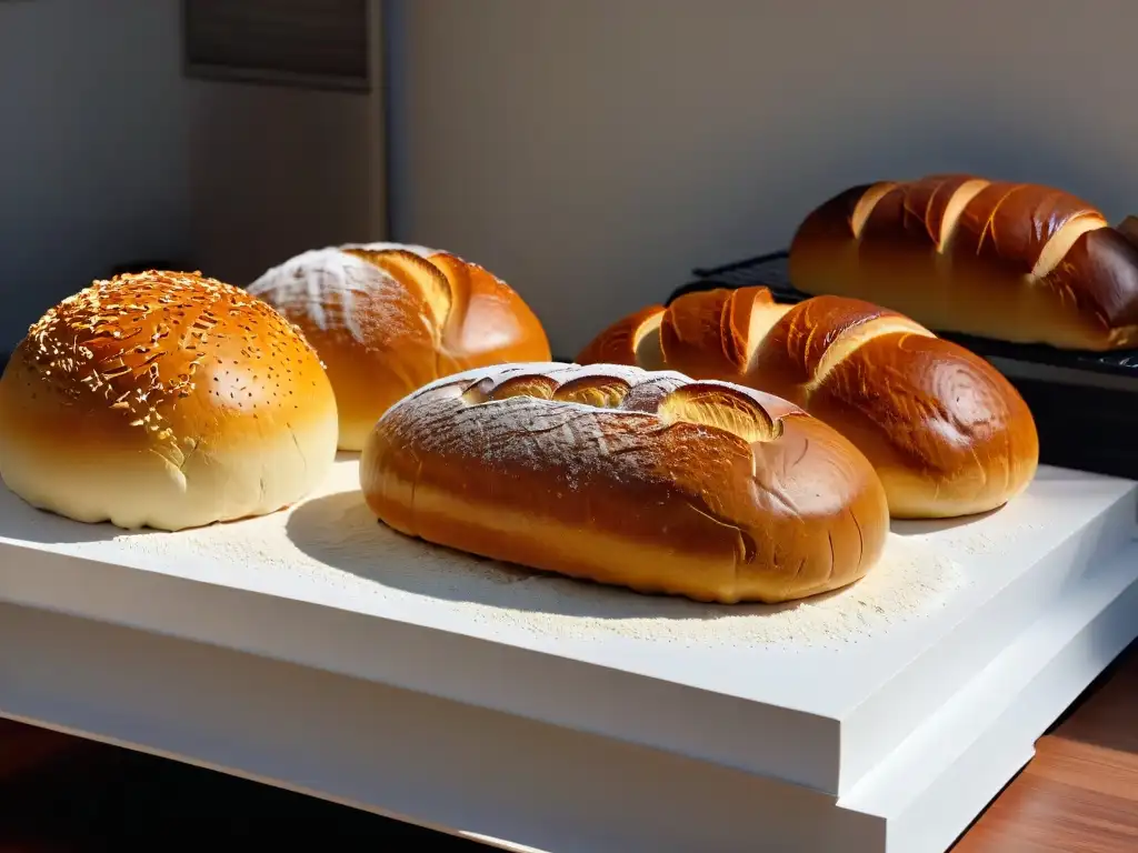 Una mesa de madera con panes artesanales de masa madre en diferentes formas y tamaños, bañados en luz natural