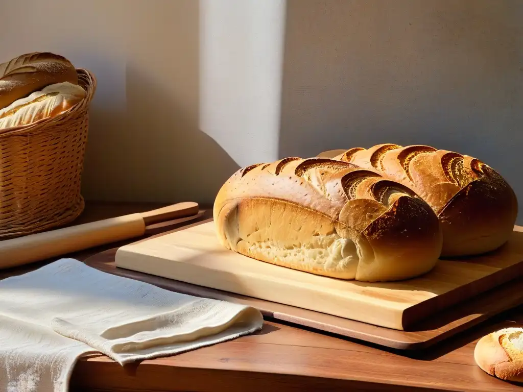 Una mesa de madera rústica en una acogedora panadería artesanal con masa madre