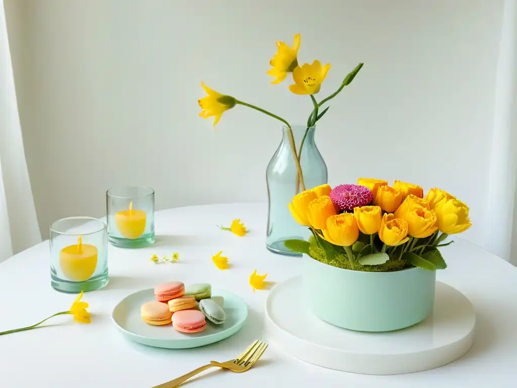 Una mesa minimalista con postres tradicionales de Semana Santa en tonos pastel y vajilla blanca y dorada, iluminada por luz natural