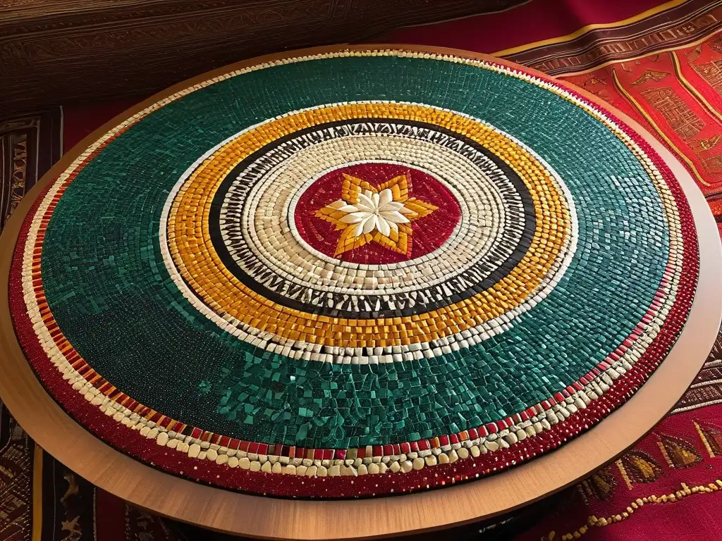 Una mesa con mosaico detallado fusionando patrones de Medio Oriente y África Subsahariana, colores vibrantes y detalles intrincados