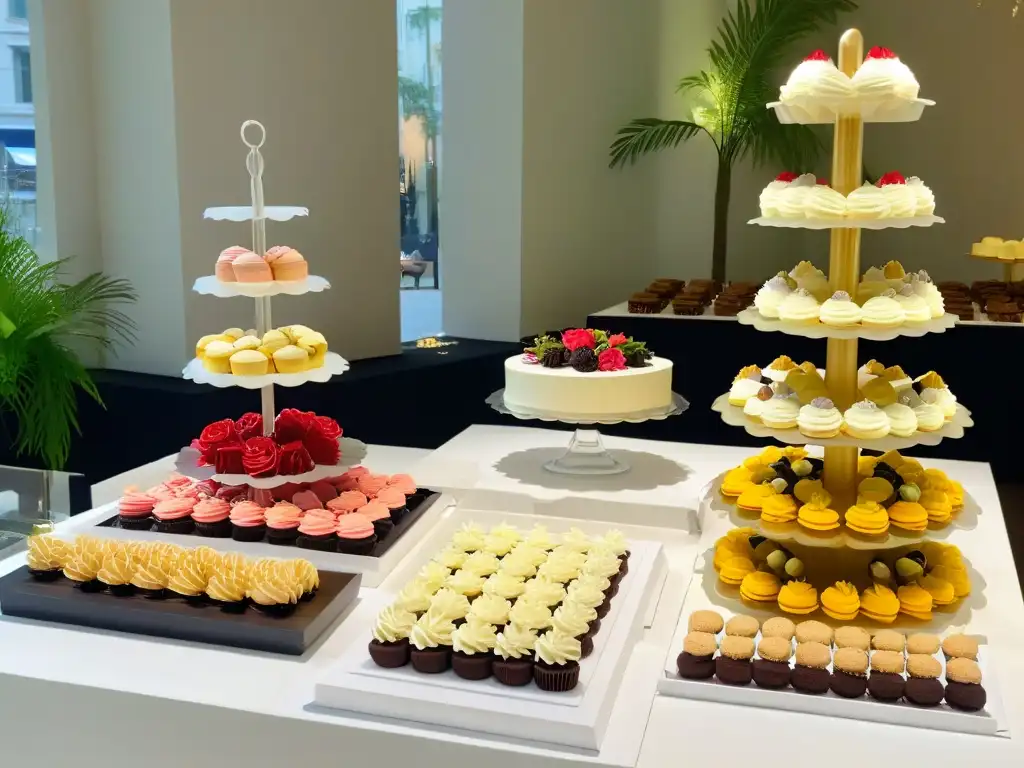 Una mesa de postres en una boda con dulces miniaturas elegantes y sofisticados