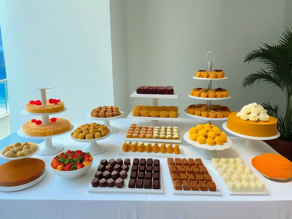 Una mesa de postres de boda internacionales tendencia con dulces tradicionales de varios países, elegante y multicultural