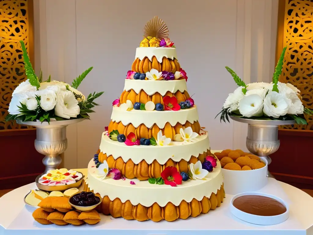 Una mesa de postres de boda tradicionales globales exquisitamente decorada con delicados dulces de diferentes culturas