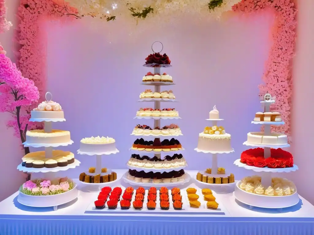 Una mesa de postres cumpleaños impresionante con dulces y decoración elegante y soñadora