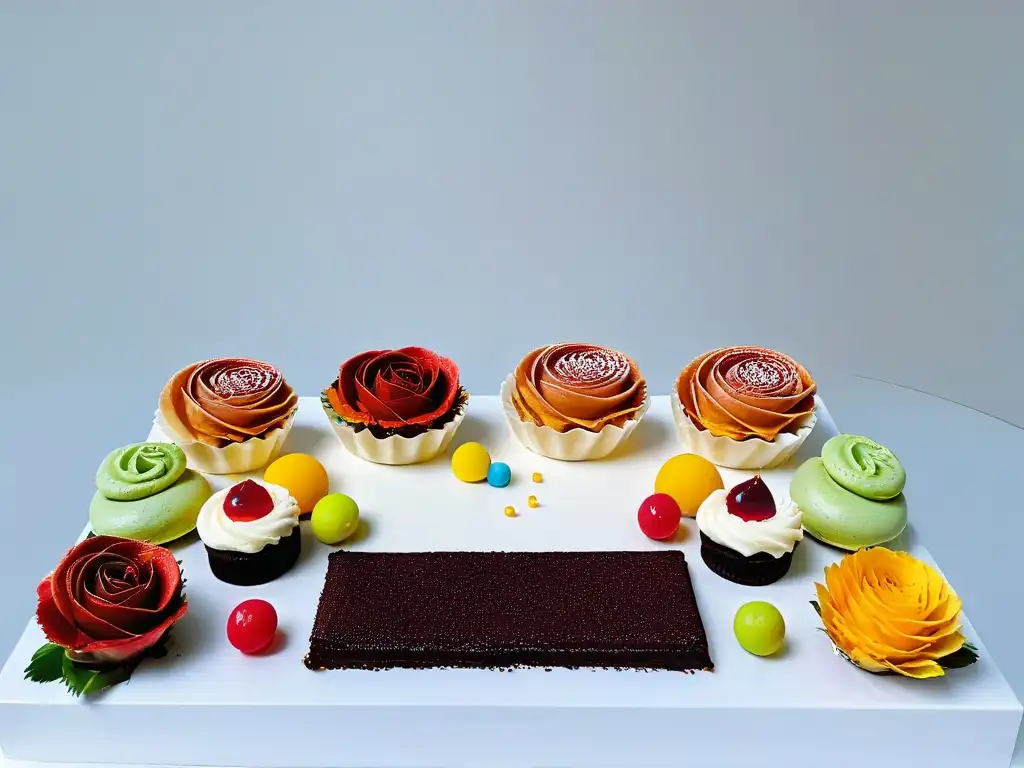 Una mesa de postres cumpleaños impresionante con deliciosos dulces coloridos y elegantes adornos florales