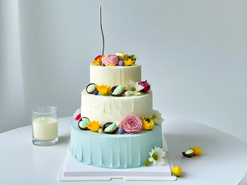 Una mesa de postres de cumpleaños impresionante con elegante decoración y exquisitas delicias en tonos pastel