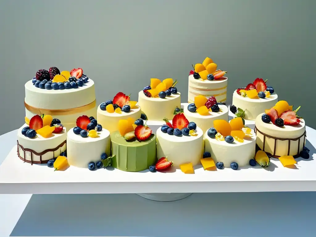 Una mesa de postres exquisitamente decorada con pasteles y pastelería creativa, realzada por frutas frescas y flores comestibles