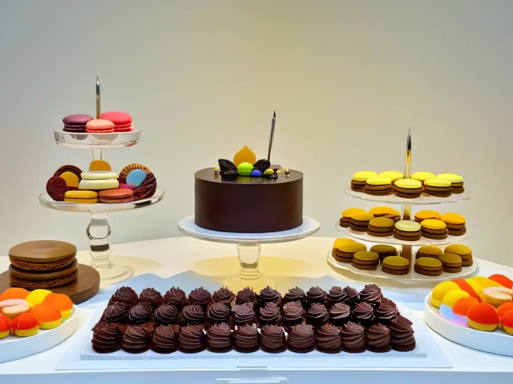 Exquisita mesa de postres y licores: chocolate, macarons y champagne Una mesa de postres exquisitamente decorada con variedad de dulces junto a licores en copas elegantes