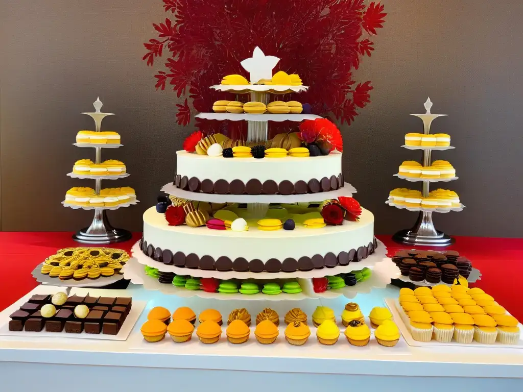 Exquisita mesa de postres: fusión de tradición y modernidad Una mesa de postres festivales con delicias tradicionales y modernas en perfecta armonía y colorido