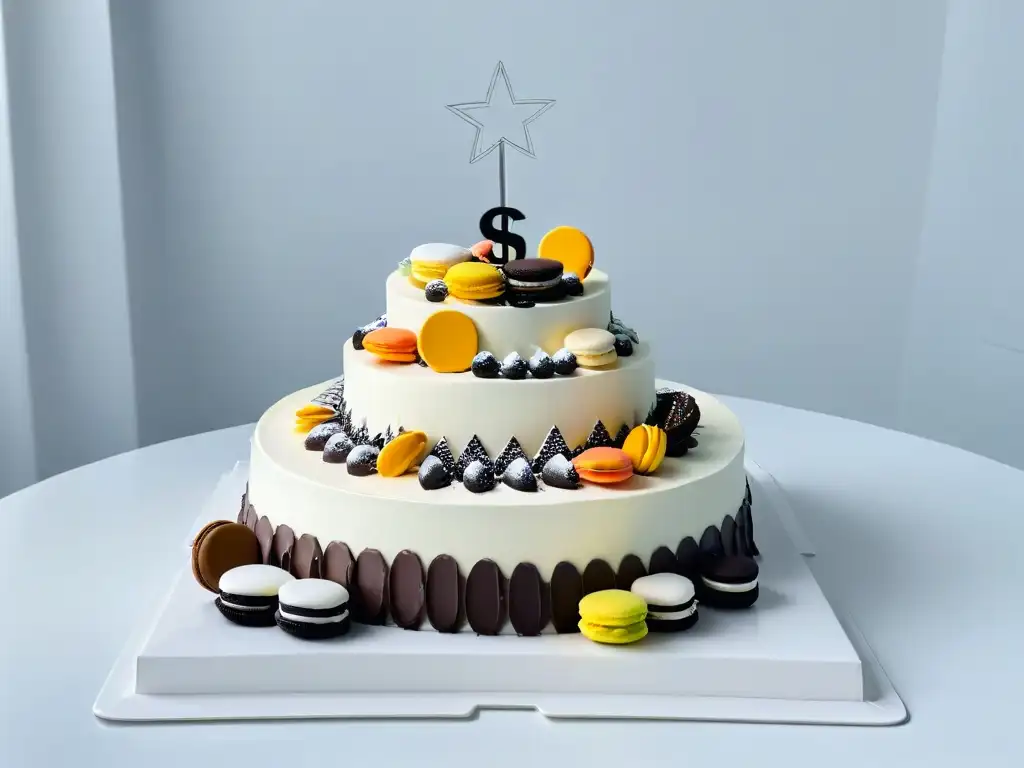 Una mesa de postres exquisitamente elaborados en blanco y negro, destacando la artesanía y sofisticación