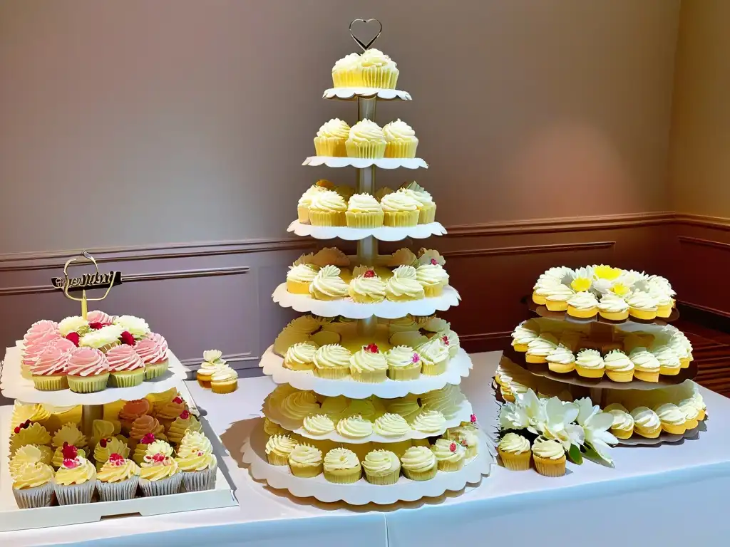 Una mesa de postres elegante en una boda, con Cupcakes para bodas creativos decorados con diseños florales en tonos pasteles