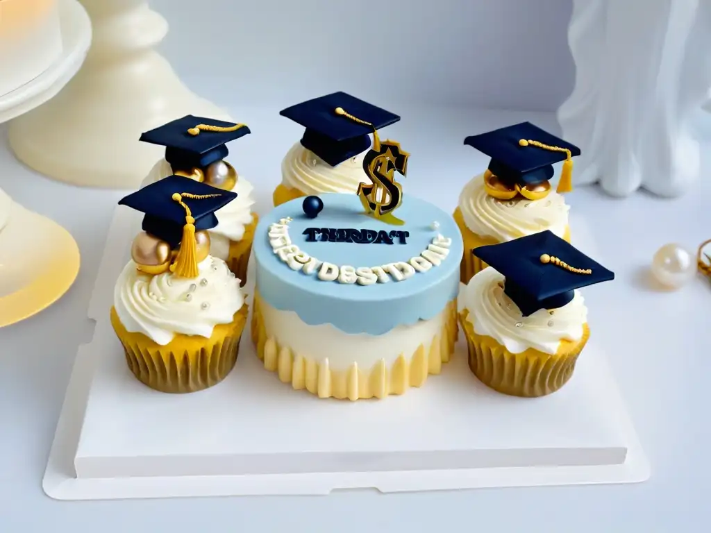 Una mesa de postres elegante con cupcakes temáticos de graduación bellamente decorados