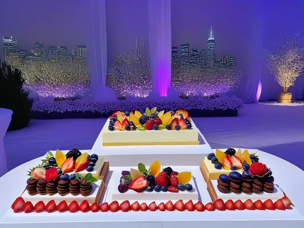 Exquisita mesa de postres: mini obras de arte Una mesa de postres elegante y detallada con mini postres para fiestas cumpleaños