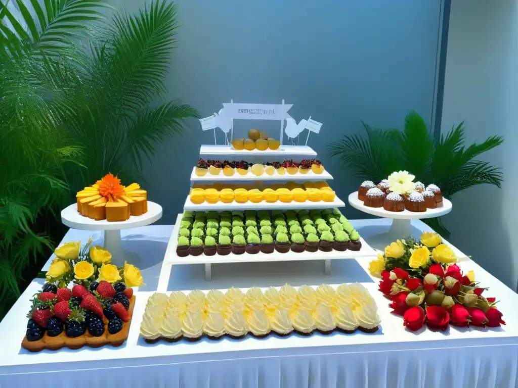 Una mesa de postres elegante en un evento corporativo, con golosinas estacionales y decoración chic