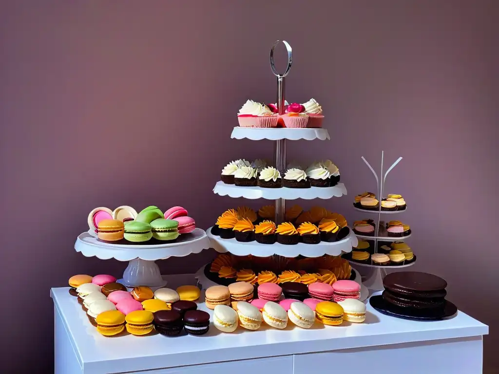 Una mesa de postres elegante en una fiesta temática, con macarons coloridos, cupcakes intrincados y chocolates artesanales