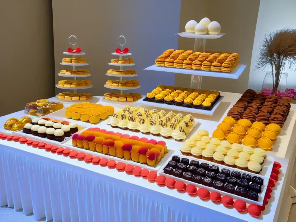 Una mesa de postres elegante y moderna en un evento corporativo, con exquisiteces en platos y stands, iluminados suavemente