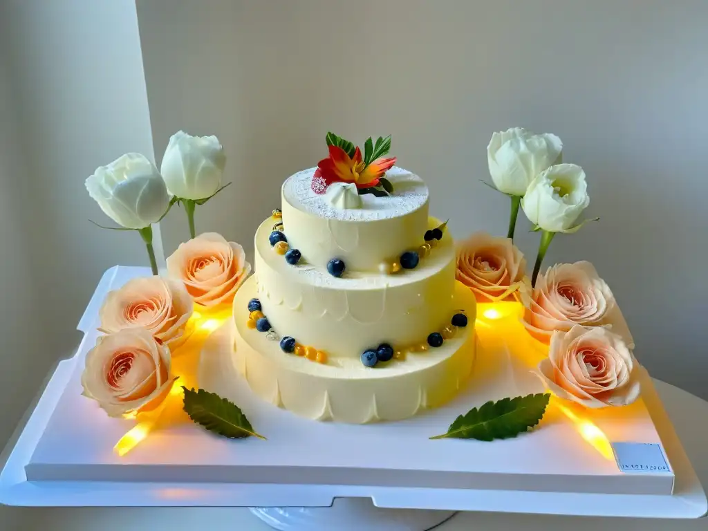 Una mesa de postres elegante con mousses y cremas en cristalería rodeada de luz de velas y flores frescas