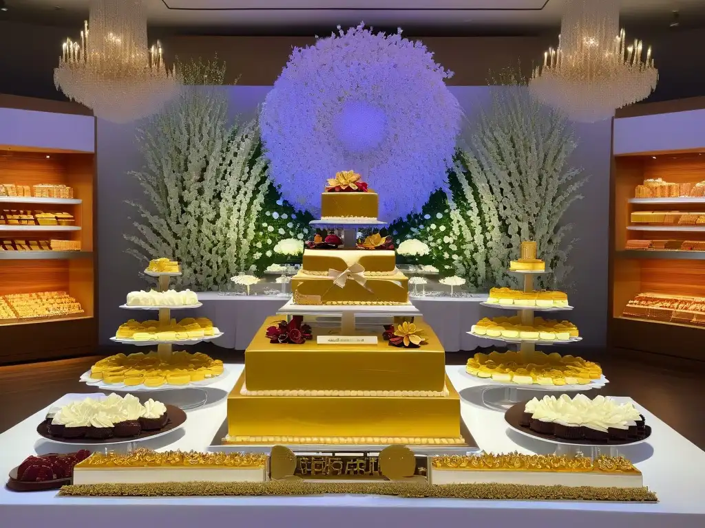 Una mesa de postres elegante y refinada en un evento corporativo, con exquisiteces meticulosamente decoradas