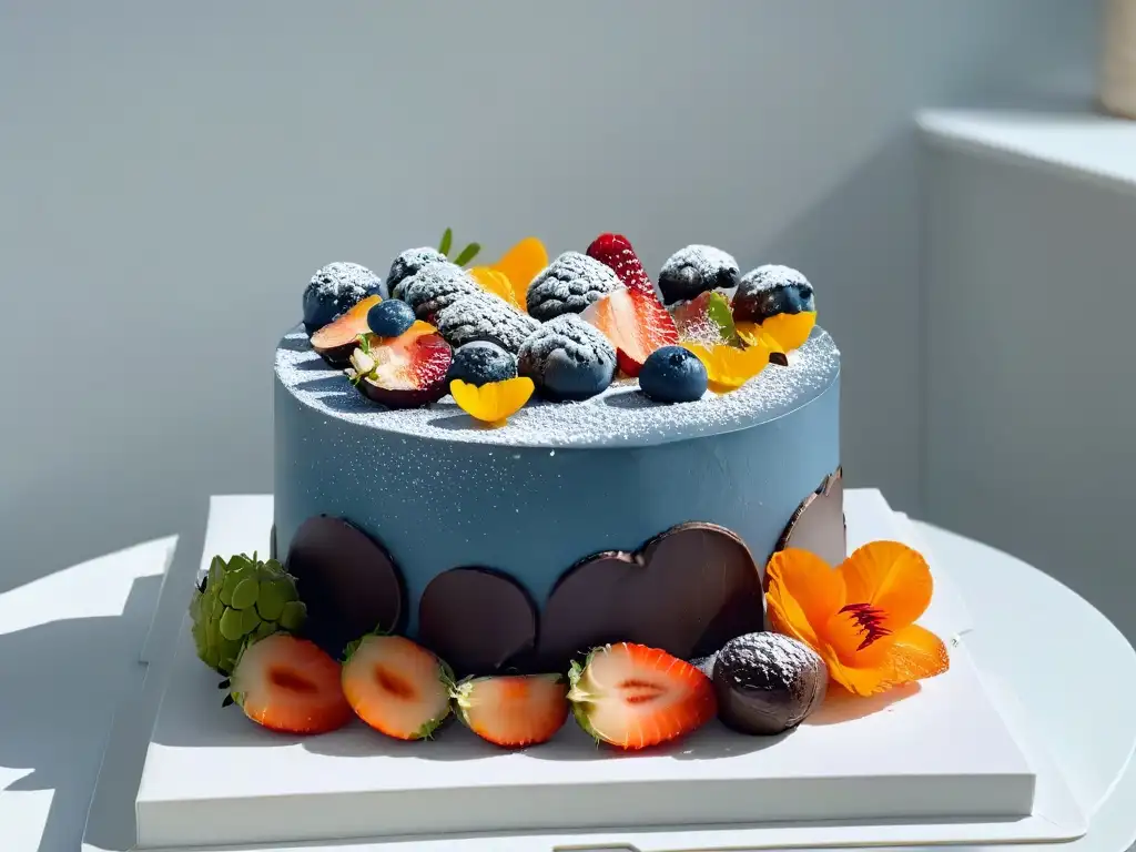 Una mesa de postres elegante y sofisticada, con una exquisita selección de pasteles y chocolates, decorados con frutas frescas y flores comestibles