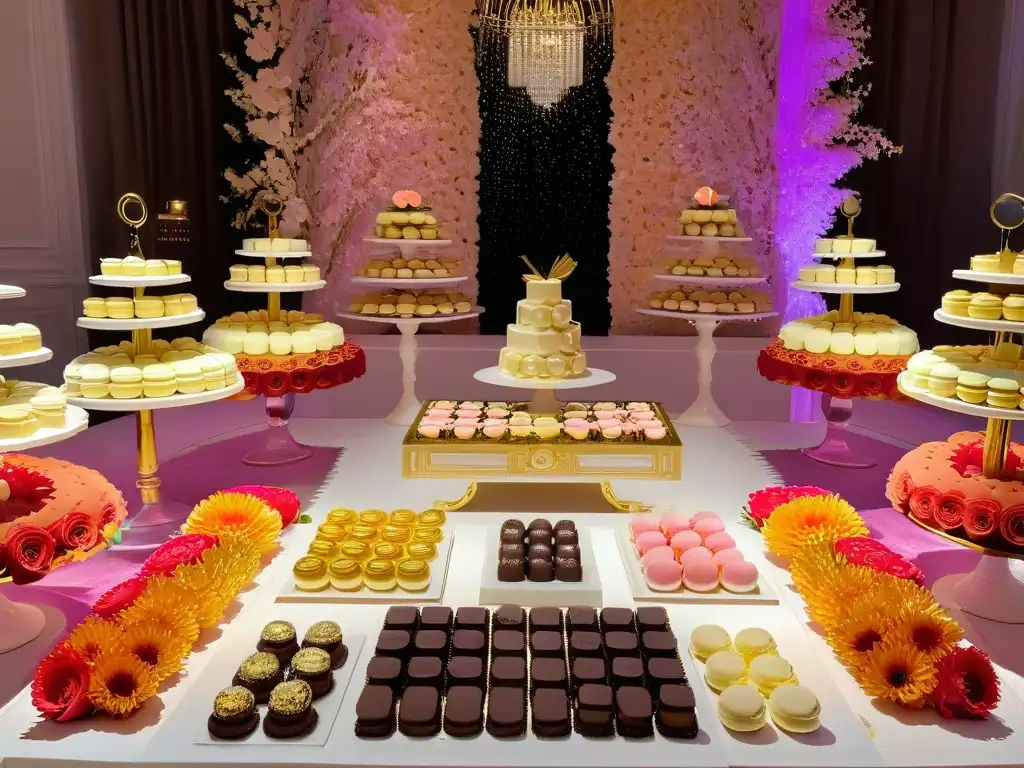 Una mesa de postres elegantes para cumpleaños, con macarons, petit fours y trufas de chocolate, adornada con flores frescas y cristalería delicada