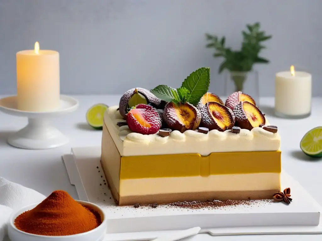 Una mesa de postres con especias sostenibles: tiramisú, crème brûlée y tarta de frambuesa, decorada con canela, vainilla y cardamomo