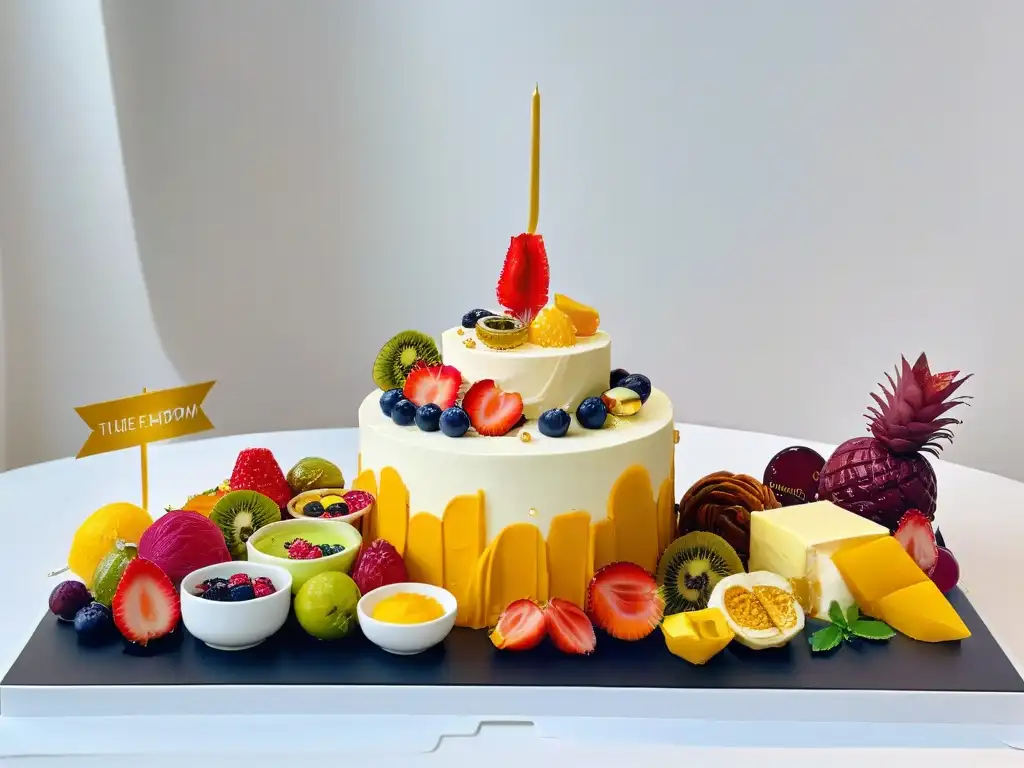 Una mesa de postres exóticos decorados con flores comestibles y frutas, combina sabores exóticos repostería