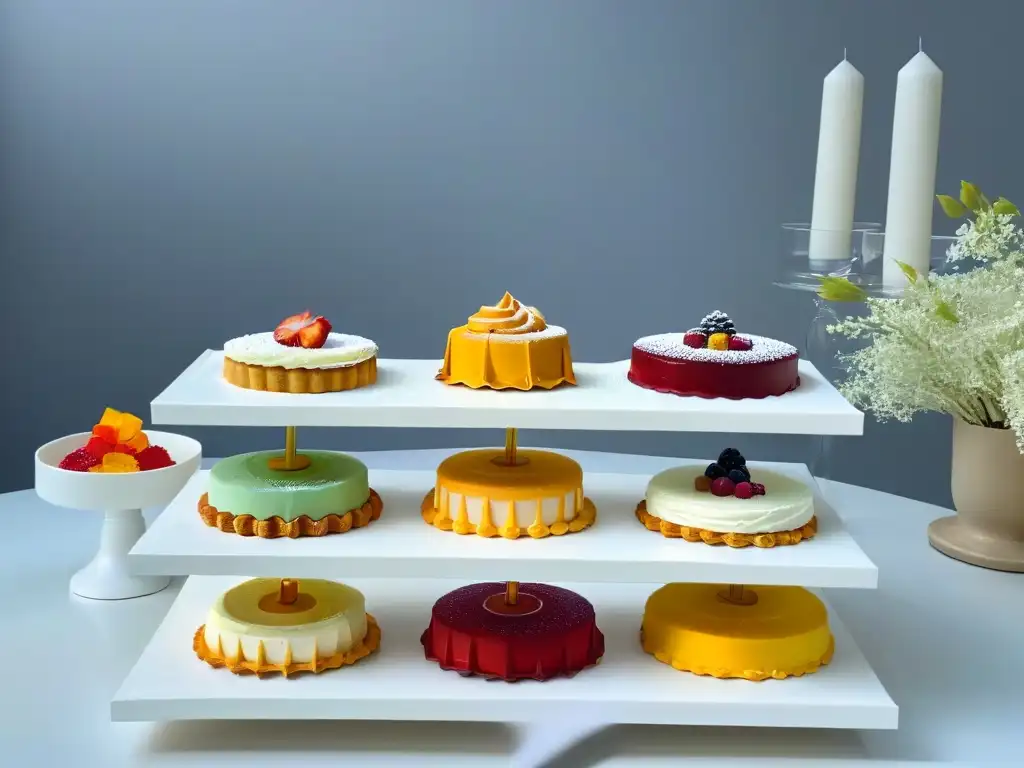 Una mesa de postres futurista en una boda: dulces geométricos en tonos metálicos sobre una mesa blanca