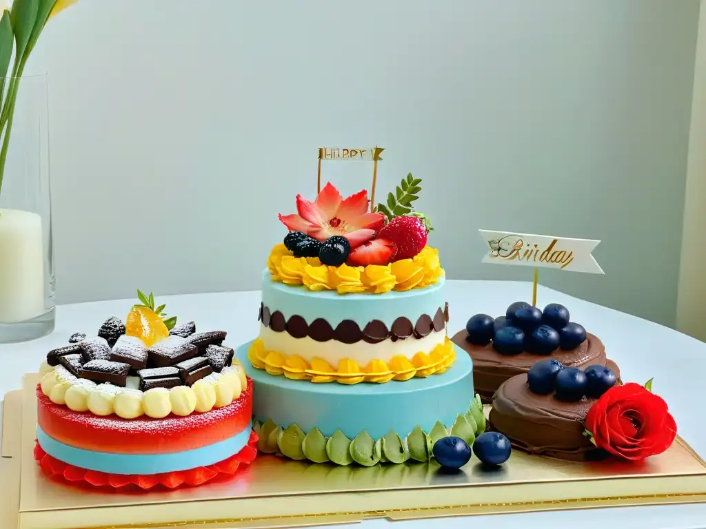 Una mesa de postres sin gluten para cumpleaños, con macarons coloridos, pastel de chocolate sin harina y tarta de frutas