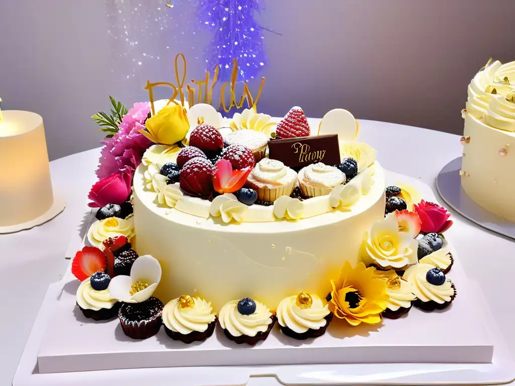 Una mesa de postres sin gluten para cumpleaños, elegante y sofisticada, decorada con flores y luces