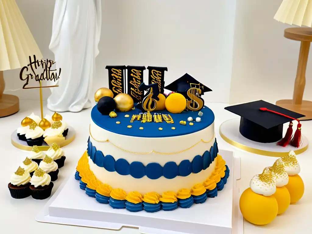 Una mesa de postres para graduaciones inolvidables con cupcakes y galletas temáticas, celebrando el éxito del graduado