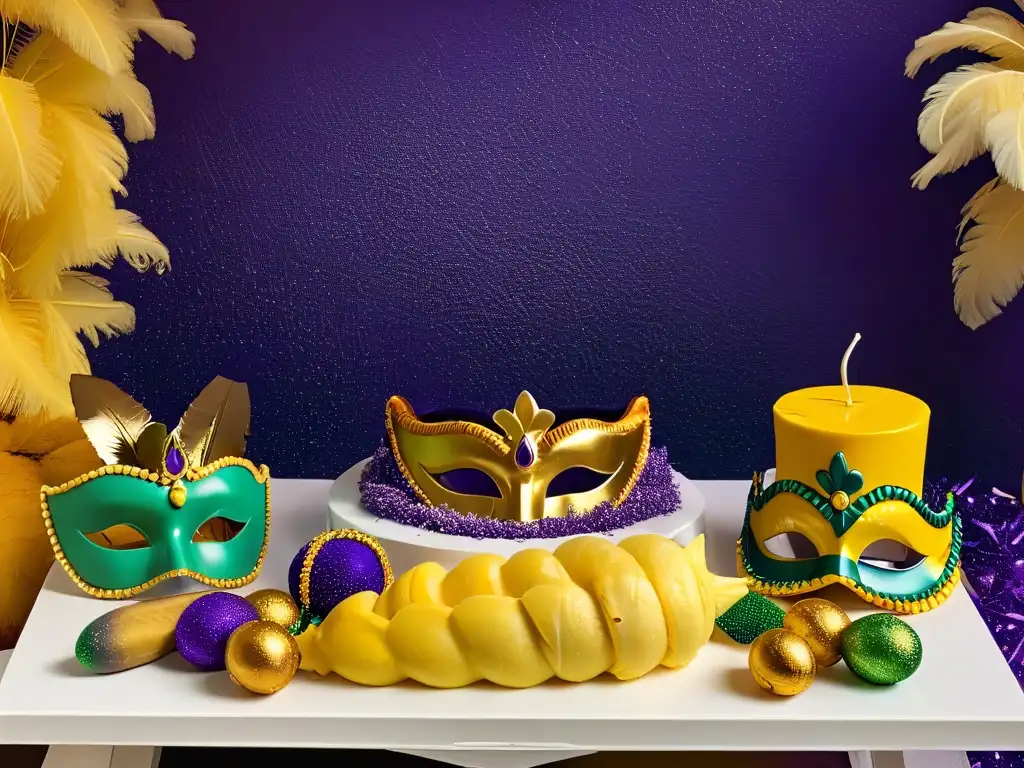 Una mesa de postres inspirados en Mardi Gras, con King Cake, beignets, pralinés y bananas Foster, decorada con máscaras y plumas