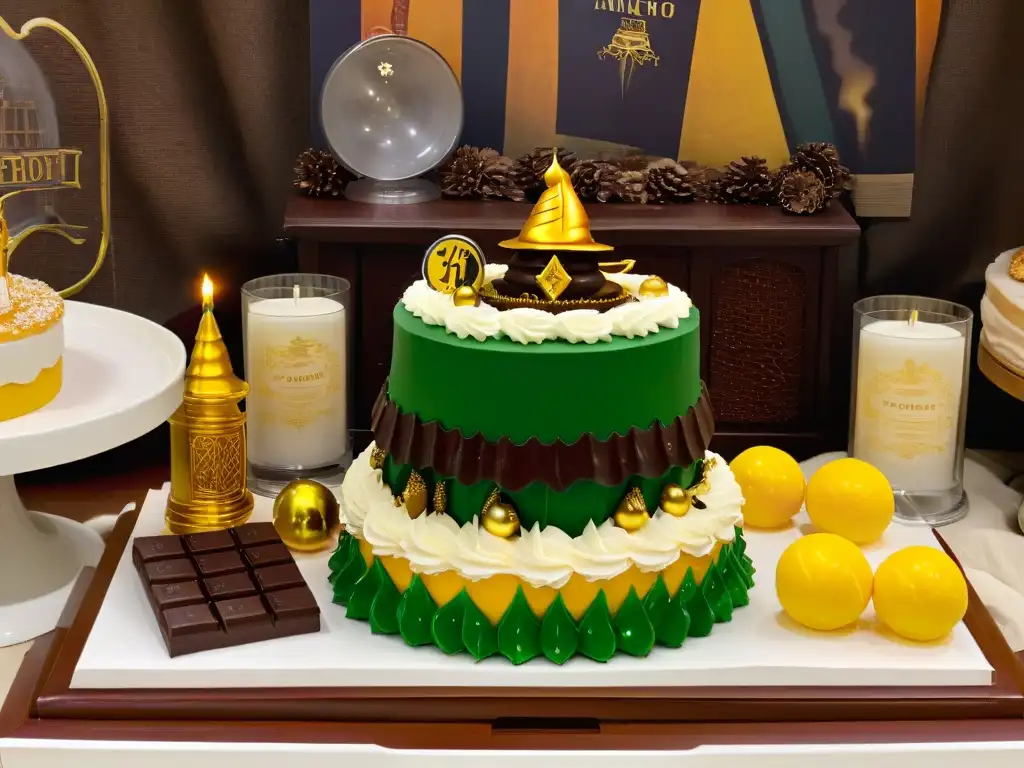 Una mesa de postres inspirados en Harry Potter, llena de delicias mágicas y decoración encantadora en el castillo de Hogwarts