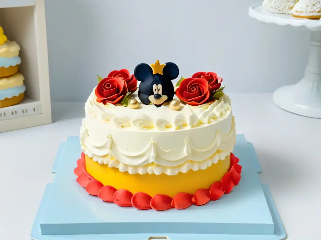 Una mesa de postres inspirados en películas Disney con pasteles y galletas temáticas en tonos pastel